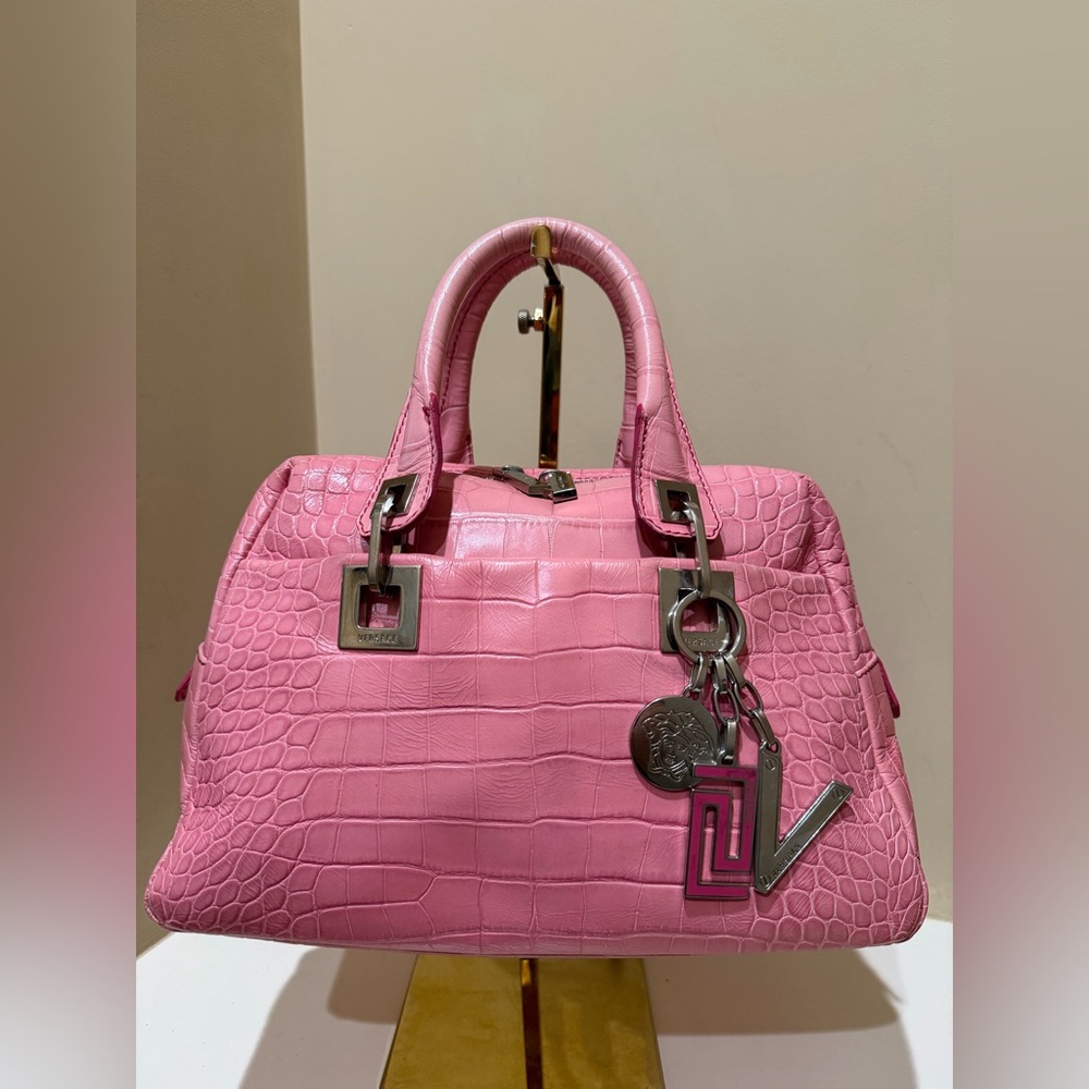 Versace Greek Goddess Crocodile Embossed Leather Pink Handbag